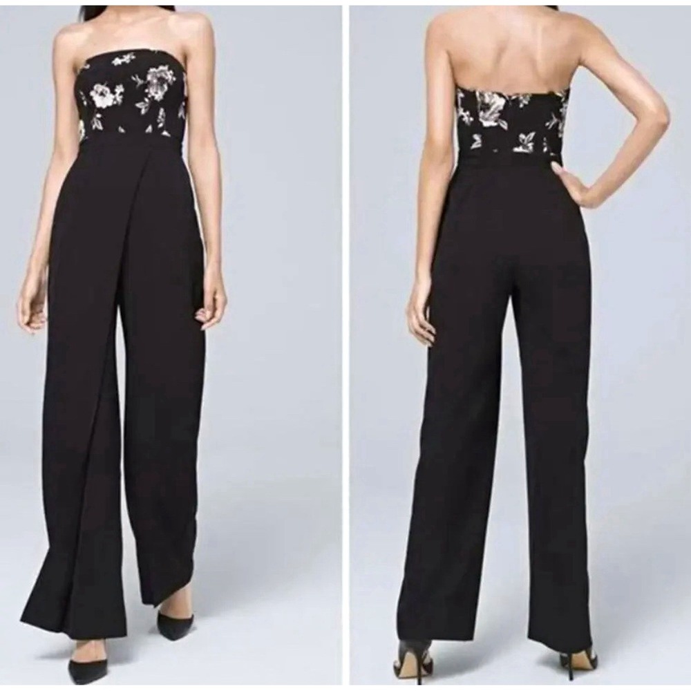 White House Black Market Strapless Floral Wide-Leg Jumpsuit 10 faux wrap